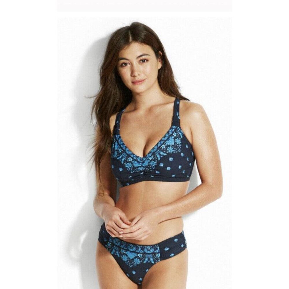 NWT Seafolly‎ Sunflower Bikini Indigo Sz 4 US Cross Back / Ruched Sides Retro